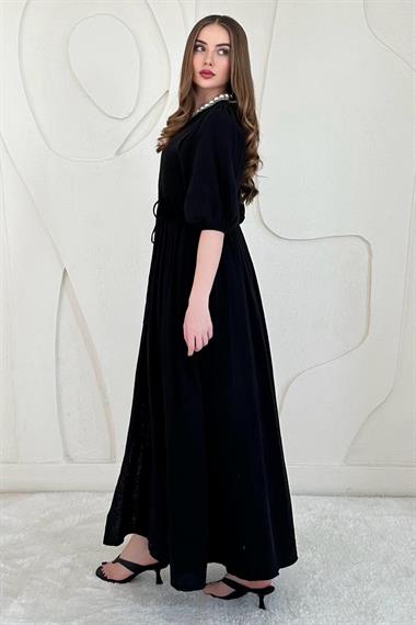 Siyah Bağlama Detaylı Müslin Elbise