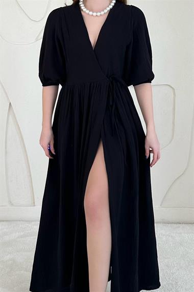 Siyah Bağlama Detaylı Müslin Elbise