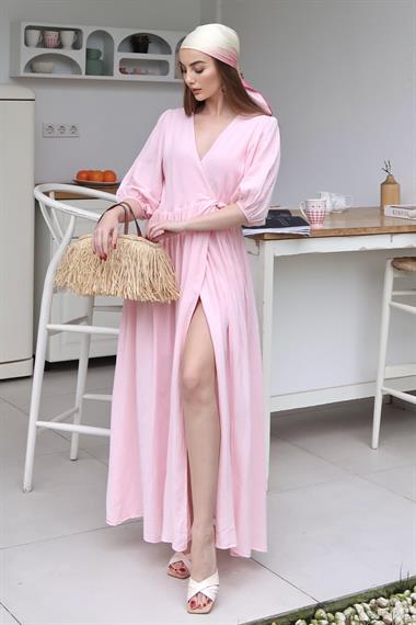 Pembe Bağlama Detaylı Müslin Elbise