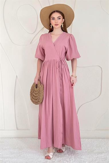 Pudra Bağlama Detaylı Müslin Elbise