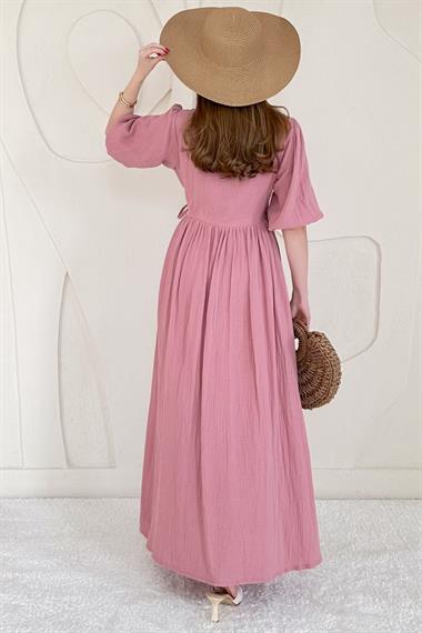 Pudra Bağlama Detaylı Müslin Elbise