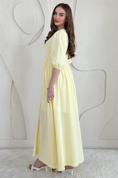Sarı Bağlama Detaylı Müslin Elbise