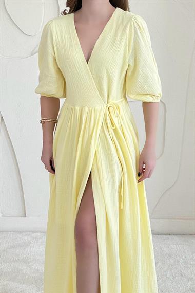 Sarı Bağlama Detaylı Müslin Elbise