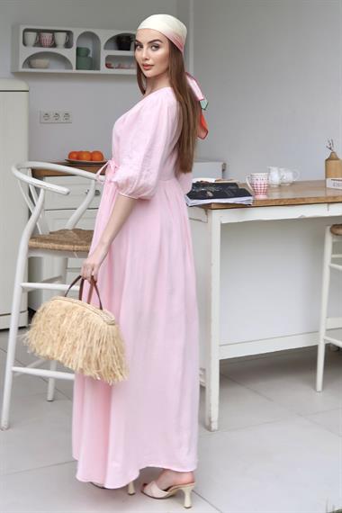 Pembe Bağlama Detaylı Müslin Elbise