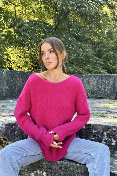 Fuşya Baklava Desenli Triko Kazak