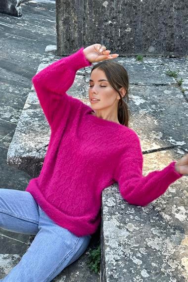 Fuşya Baklava Desenli Triko Kazak