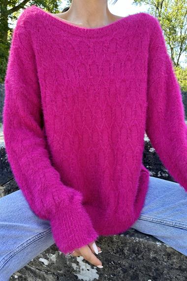 Fuşya Baklava Desenli Triko Kazak