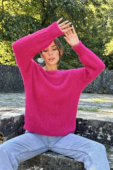 Fuşya Baklava Desenli Triko Kazak