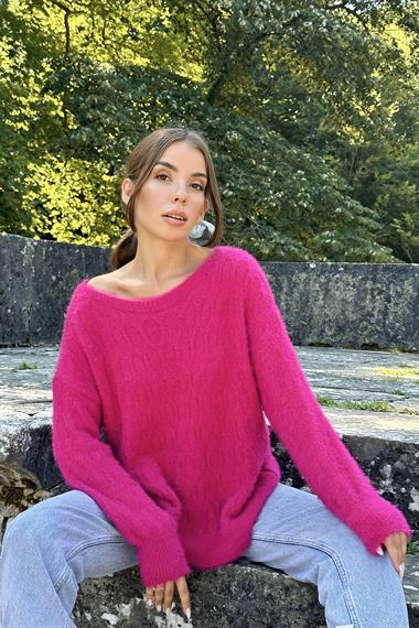 Fuşya Baklava Desenli Triko Kazak