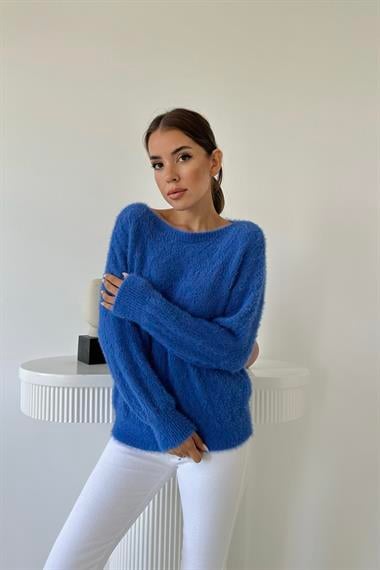 Mavi Baklava Desenli Triko Kazak