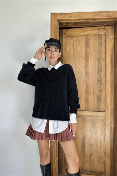 Siyah Baklava Desenli Triko Kazak