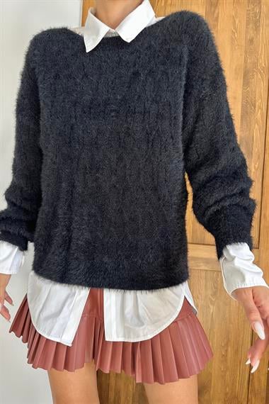 Siyah Baklava Desenli Triko Kazak