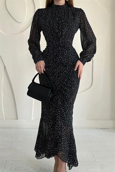 Siyah Balık Şifon Elbise