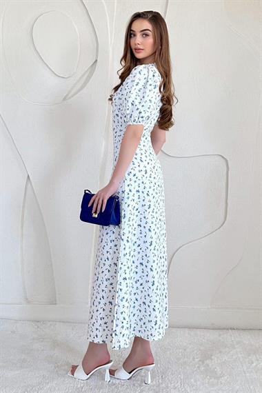 Mavi Balon Kol Çiçek Baskılı Midi Elbise