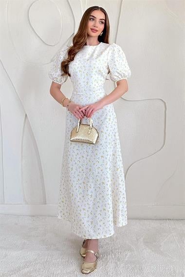 Sarı Balon Kol Çiçek Baskılı Midi Elbise