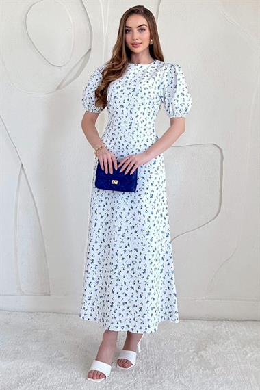 Mavi Balon Kol Çiçek Baskılı Midi Elbise