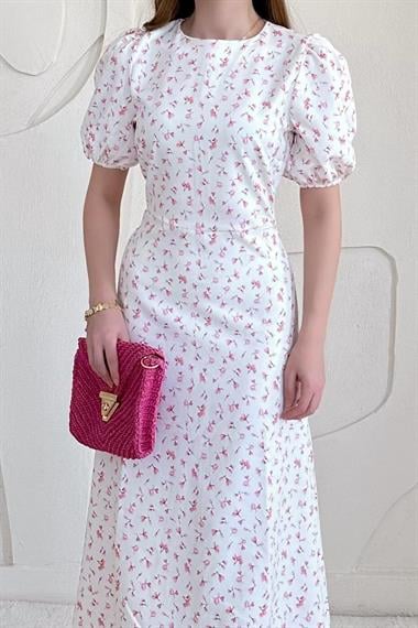 Pembe Balon Kol Çiçek Baskılı Midi Elbise