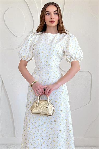 Sarı Balon Kol Çiçek Baskılı Midi Elbise