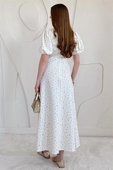 Sarı Balon Kol Çiçek Baskılı Midi Elbise