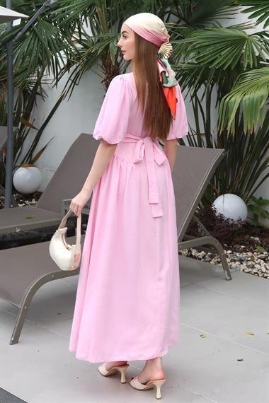 Pembe Balon Kol Detaylı Arkadan Bağlamalı Elbise
