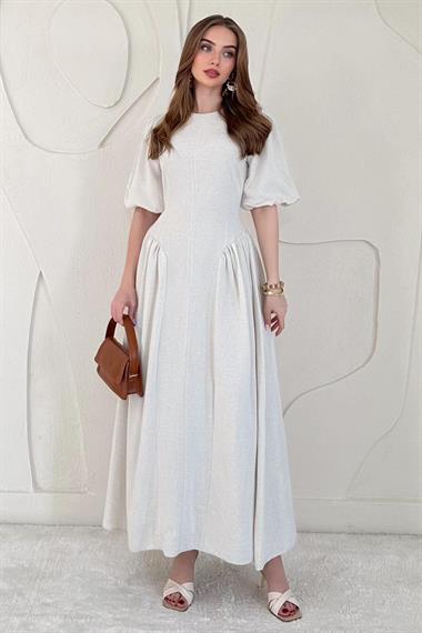 Bej Balon Kol Detaylı Arkadan Bağlamalı Elbise