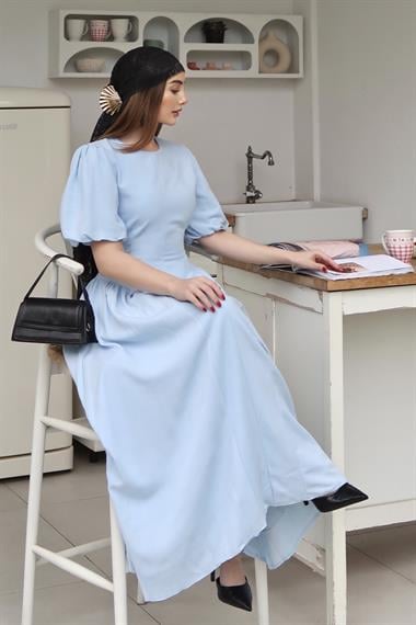 Mavi Balon Kol Detaylı Arkadan Bağlamalı Elbise
