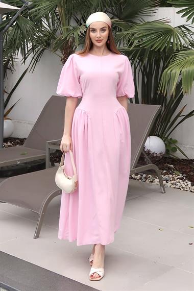 Pembe Balon Kol Detaylı Arkadan Bağlamalı Elbise