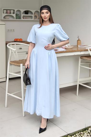 Mavi Balon Kol Detaylı Arkadan Bağlamalı Elbise