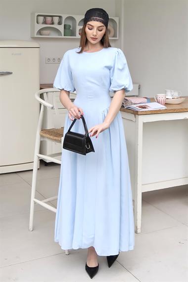 Mavi Balon Kol Detaylı Arkadan Bağlamalı Elbise