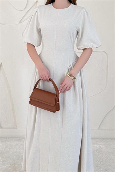 Bej Balon Kol Detaylı Arkadan Bağlamalı Elbise