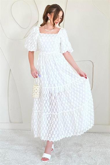 Beyaz Balon Kol Detaylı Astarlı Elbise