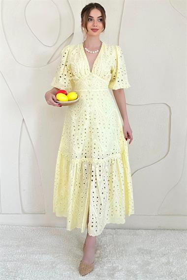 Sarı Balon Kol Detaylı Dekolteli Brode Elbise