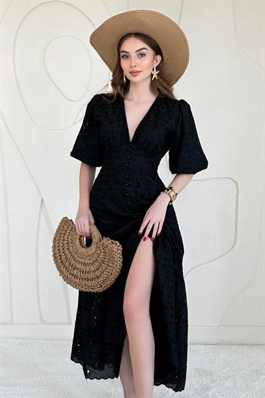 Siyah Balon Kol Detaylı Dekolteli Brode Elbise