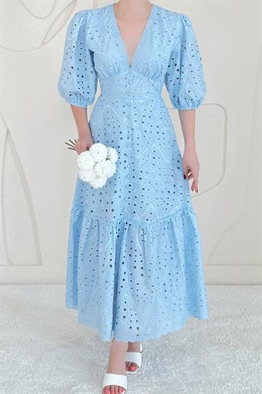 Mavi Balon Kol Detaylı Dekolteli Brode Elbise