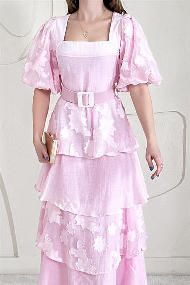 Pembe Balon Kol Detaylı Kat Kat Çiçek Elbise