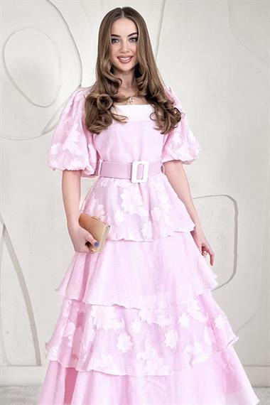 Pembe Balon Kol Detaylı Kat Kat Çiçek Elbise