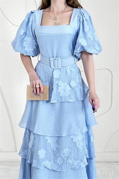 Mavi Balon Kol Detaylı Kat Kat Çiçek Elbise