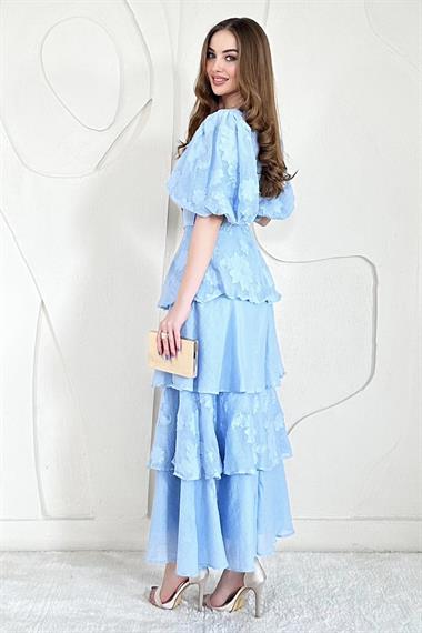 Mavi Balon Kol Detaylı Kat Kat Çiçek Elbise