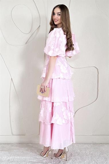 Pembe Balon Kol Detaylı Kat Kat Çiçek Elbise