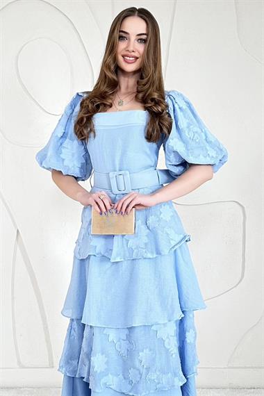 Mavi Balon Kol Detaylı Kat Kat Çiçek Elbise