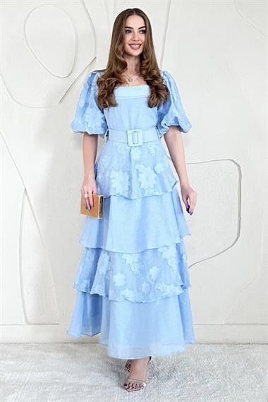 Mavi Balon Kol Detaylı Kat Kat Çiçek Elbise