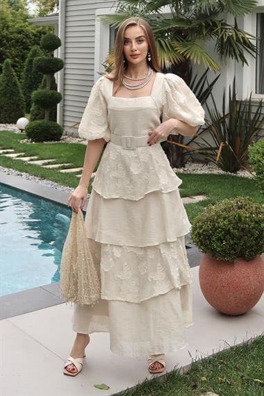 Bej Balon Kol Detaylı Kat Kat Çiçek Elbise