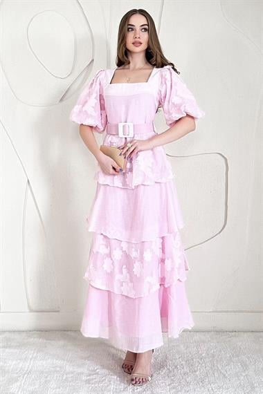 Pembe Balon Kol Detaylı Kat Kat Çiçek Elbise