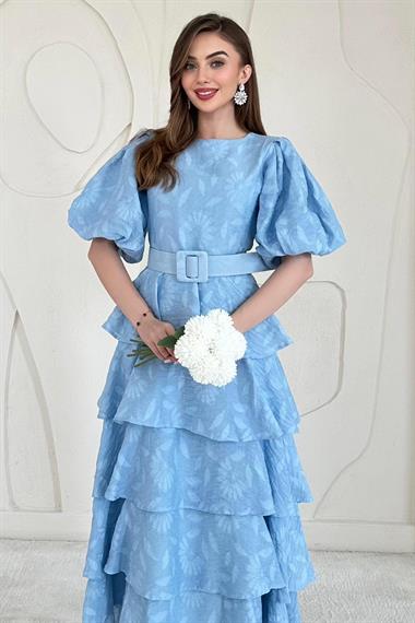 Bebe Mavi Balon Kol Detaylı Kat Kat Elbise