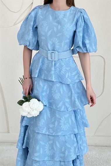 Bebe Mavi Balon Kol Detaylı Kat Kat Elbise