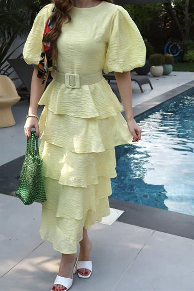 Sarı Balon Kol Detaylı Kat Kat Elbise