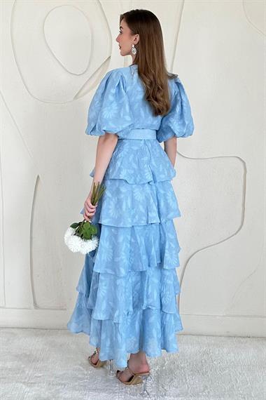 Bebe Mavi Balon Kol Detaylı Kat Kat Elbise