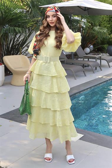 Sarı Balon Kol Detaylı Kat Kat Elbise