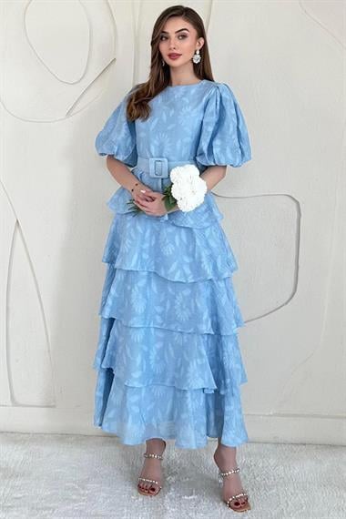 Bebe Mavi Balon Kol Detaylı Kat Kat Elbise