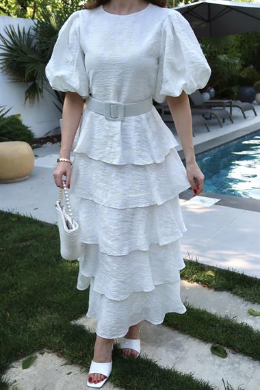 Beyaz Balon Kol Detaylı Kat Kat Elbise